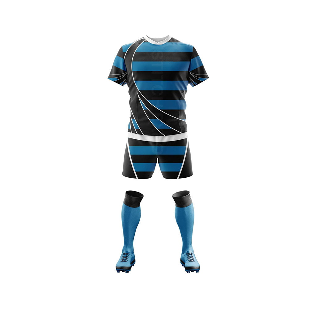 Custom rugby kits for teams with personalized colors and numbers