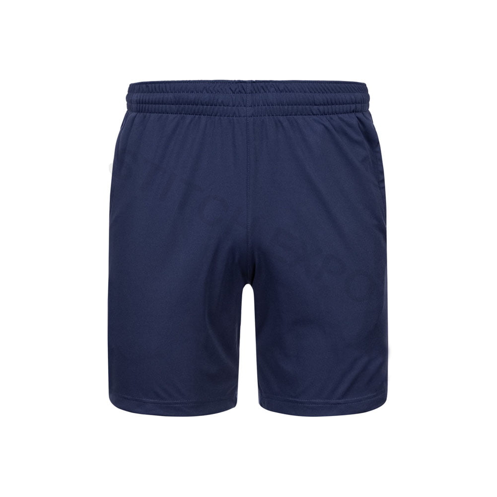 Custom navy blue sports shorts with elastic waistband and side pockets