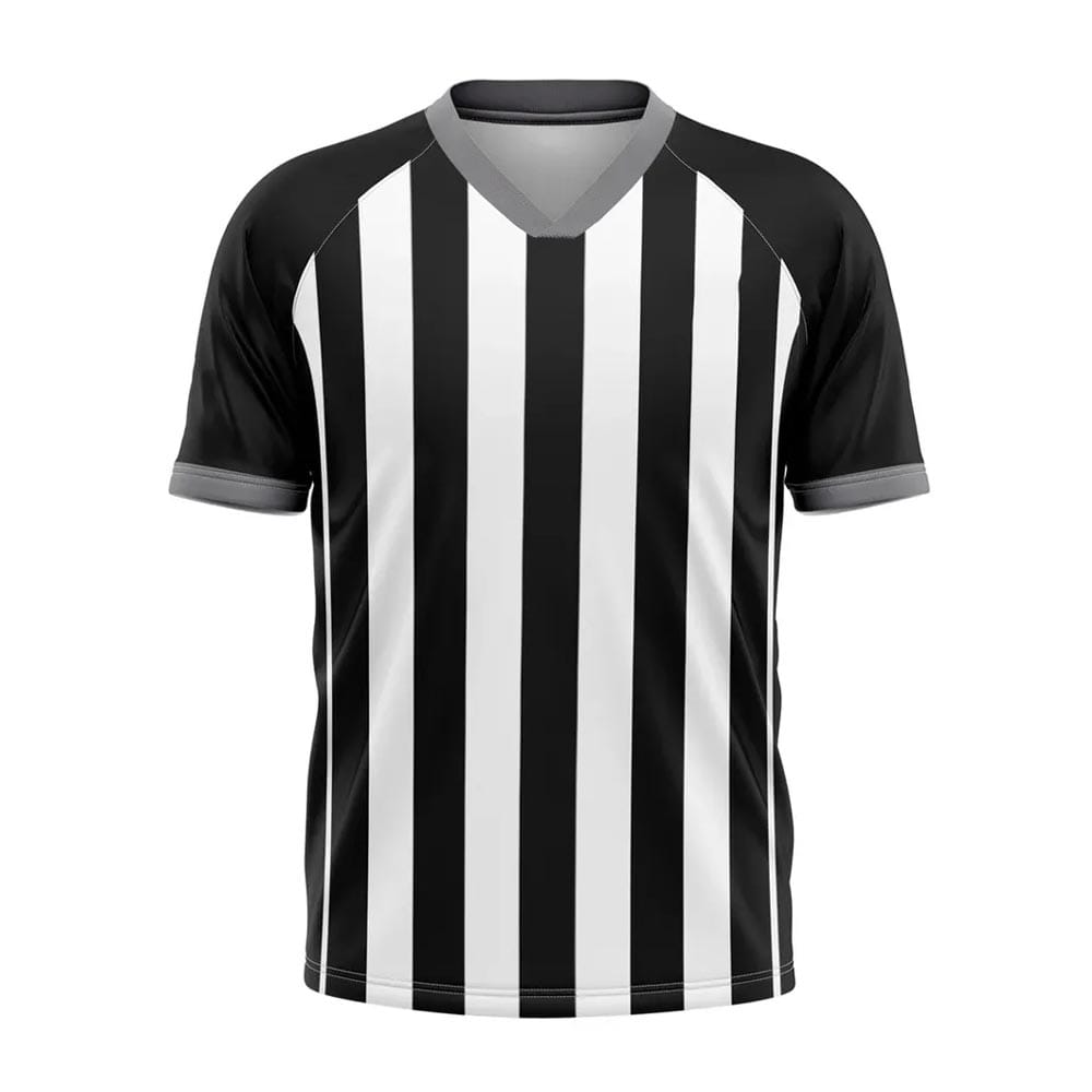 Custom Black and White Striped Referee Shirt – Short Sleeve V-Neck Official Sports Jersey | Stitch Expo