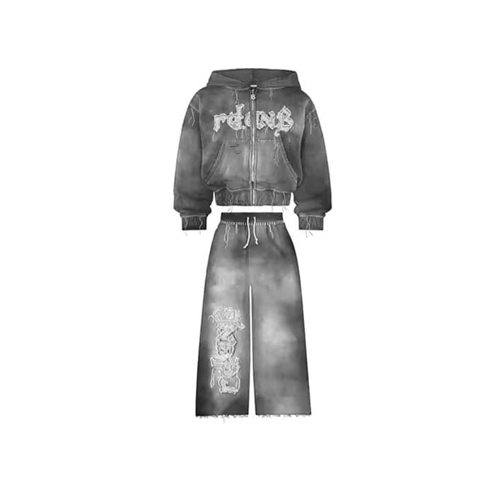 Distressed embroidered hoodie and joggers with detailed stitching