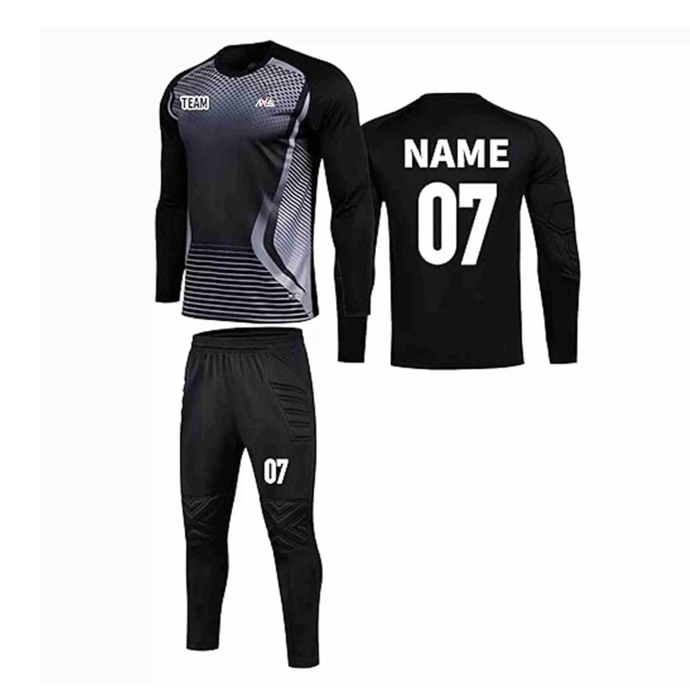 Fully customizable soccer goalkeeper uniform, including jersey, shorts, and socks, available in various colors.