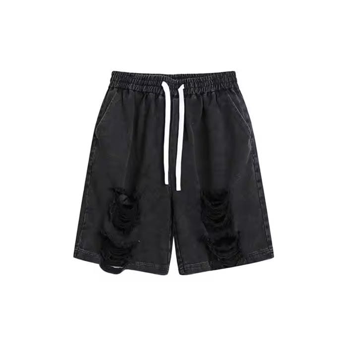 Custom acid wash distressed ripped shorts with frayed detailing
