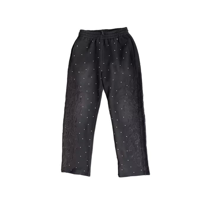 Custom all-over rhinestone embroidered sweatpants featuring premium embellishments for a stylish streetwear look