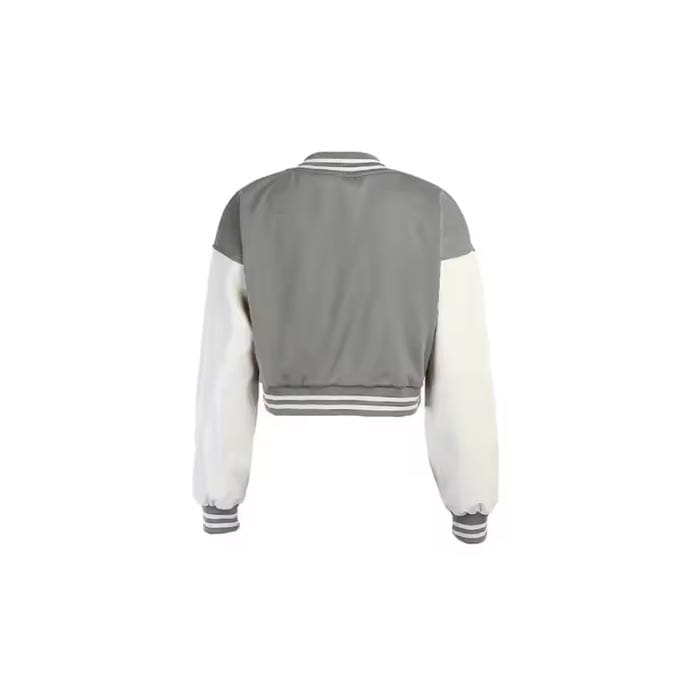 Cropped button-up varsity jacket with classic snap closure and ribbed hem