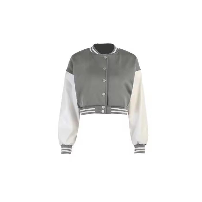 Cropped button-up varsity jacket with classic snap closure and ribbed hem