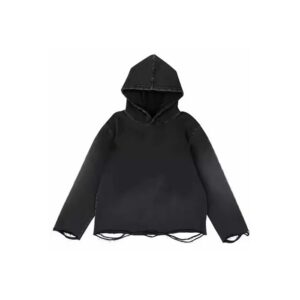 Trendy cropped raw hem hoodie with an unfinished edge, soft fleece fabric, and an oversized fit for a modern streetwear look.