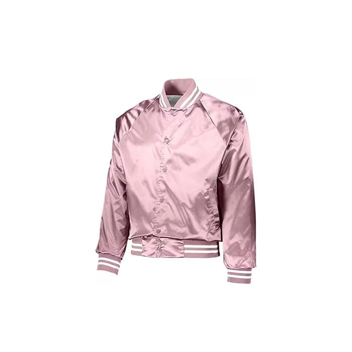 Cropped satin varsity jacket with white striped ribbed cuffs, collar, and waistband, featuring a snap button closure.