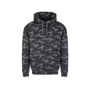 Men’s black and gray camouflage pullover hoodie with adjustable hood – Custom camo sweatshirt for streetwear and outdoor fashion.