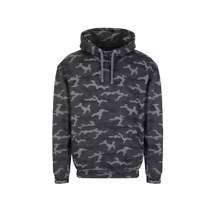 Men’s black and gray camouflage pullover hoodie with adjustable hood – Custom camo sweatshirt for streetwear and outdoor fashion.
