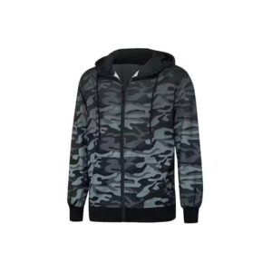 Men’s black and gray camouflage zip-up hoodie with an adjustable hood and front pockets – Custom camo sweatshirt for streetwear and outdoor fashion.