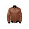 Brown satin varsity bomber jacket with black ribbed cuffs, collar, and hem, featuring a snap button closure.