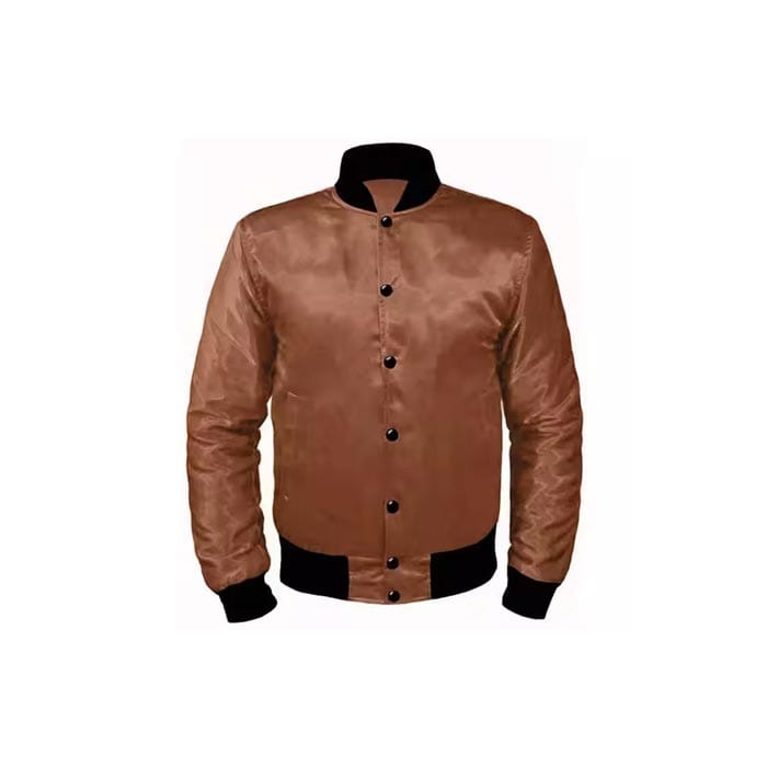 Brown satin varsity bomber jacket with black ribbed cuffs, collar, and hem, featuring a snap button closure.