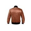 Brown satin varsity bomber jacket with black ribbed cuffs, collar, and hem, featuring a snap button closure.