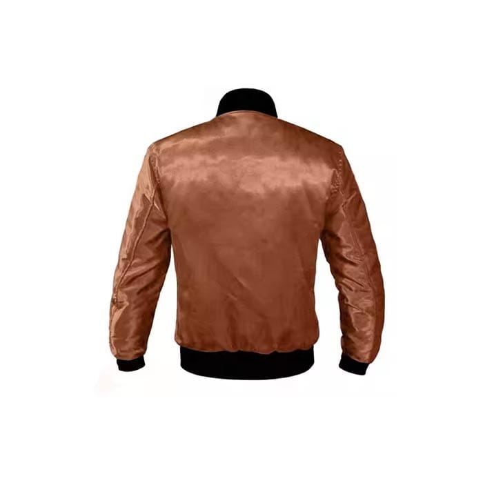 Brown satin varsity bomber jacket with black ribbed cuffs, collar, and hem, featuring a snap button closure.