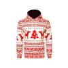 Custom Christmas reindeer hoodie in red and white with festive holiday patterns, featuring a pullover design and sublimation print.