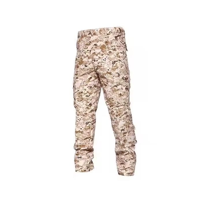 Desert camouflage cargo pants with multiple pockets and a rugged military design