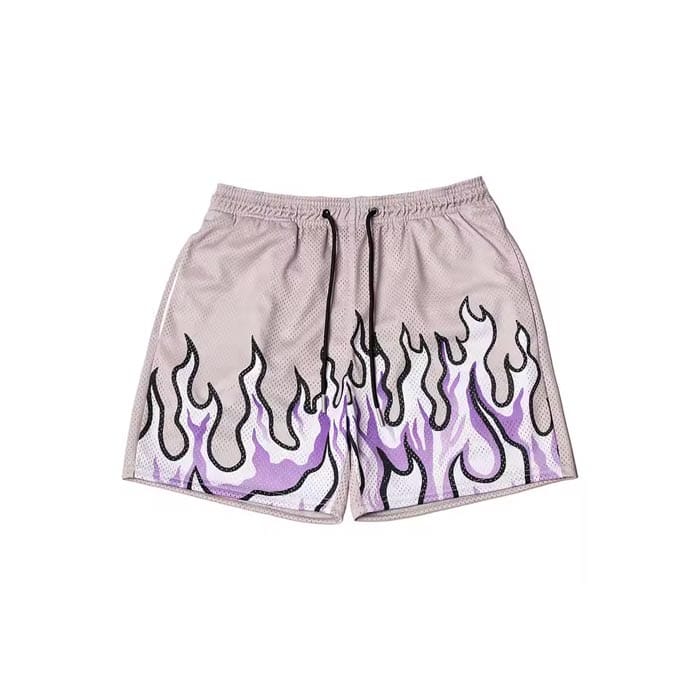 Custom flame print mesh shorts with breathable fabric and moisture-wicking technology.