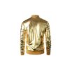Gold metallic satin bomber jacket with a smooth shiny finish, ribbed cuffs, and a full zip closure