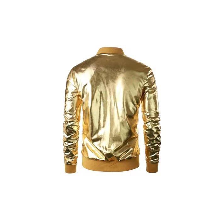 Gold metallic satin bomber jacket with a smooth shiny finish, ribbed cuffs, and a full zip closure