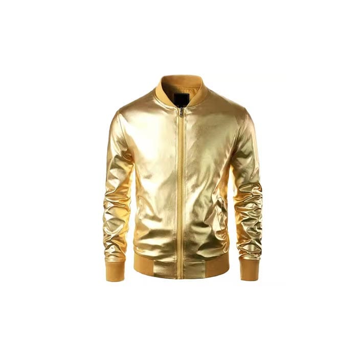 Gold metallic satin bomber jacket with a smooth shiny finish, ribbed cuffs, and a full zip closure