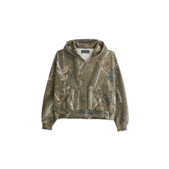 Green camouflage zip-up hoodie with front pockets and hood