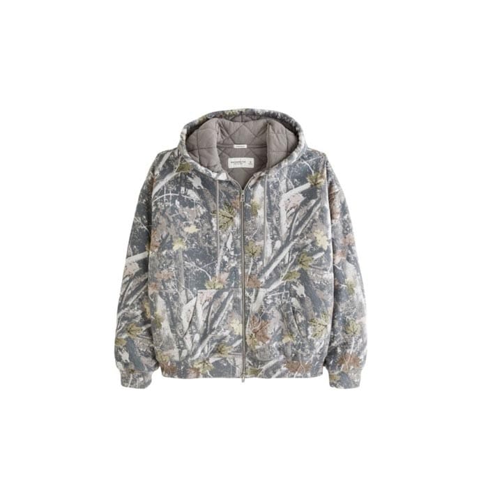 Grey camouflage zip-up hoodie with a quilted inner lining, front zipper, and hood