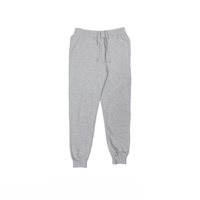 Custom grey fleece joggers with drawstring waistband and ribbed cuffs
