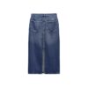 Custom high-waisted denim maxi skirt with a five-pocket design and straight fit, made from high-quality denim in a classic wash.
