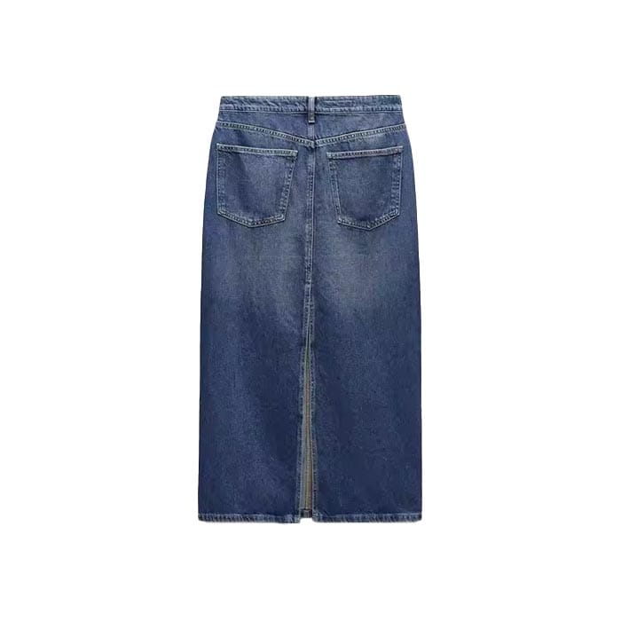 Custom high-waisted denim maxi skirt with a five-pocket design and straight fit, made from high-quality denim in a classic wash.