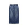 Custom high-waisted denim maxi skirt with a five-pocket design and straight fit, made from high-quality denim in a classic wash.
