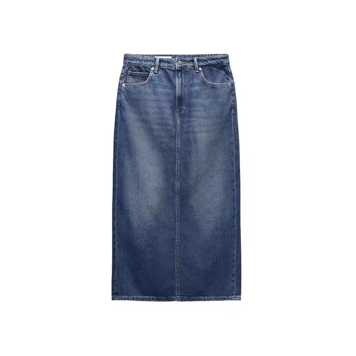Custom high-waisted denim maxi skirt with a five-pocket design and straight fit, made from high-quality denim in a classic wash.