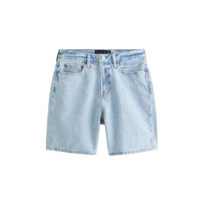 Custom light blue denim shorts with a vintage wash and classic 5-pocket design