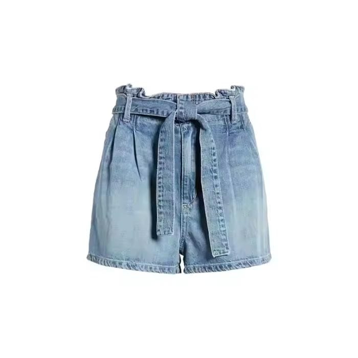 Light-wash high-waisted denim shorts with a stylish paperbag waist and belt, perfect for summer fashion