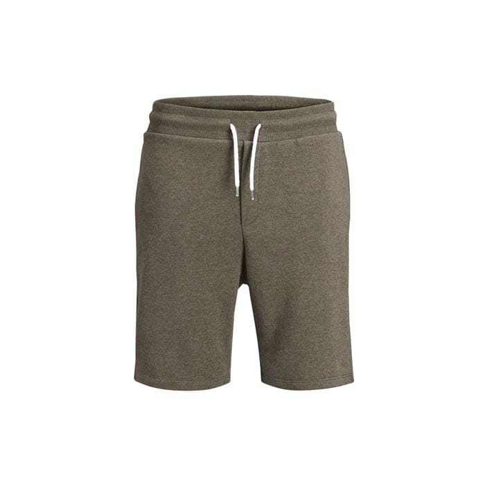 Custom olive green fleece sweat shorts with elastic waistband, white drawstring, and soft breathable fabric.