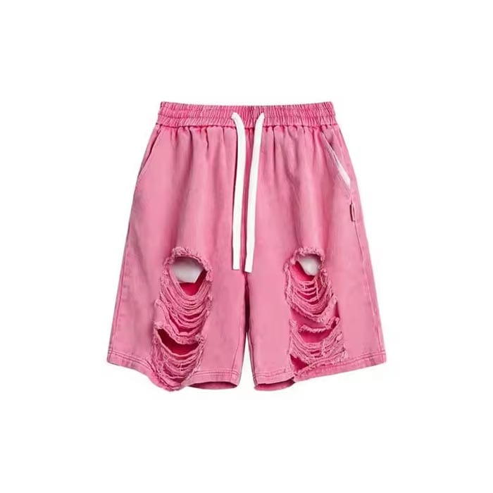 Custom pink distressed denim shorts with ripped knee design and elastic waistband