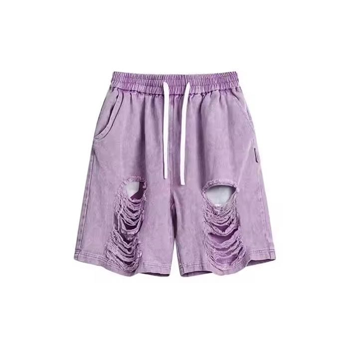 Custom purple distressed denim shorts with ripped knee design and elastic waistband