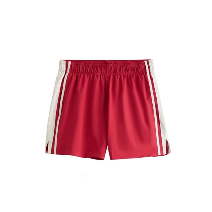 Custom red and white sports shorts with breathable fabric and side stripe design