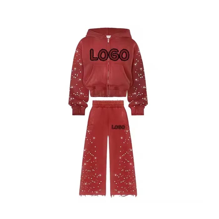 Custom rhinestone hoodie and joggers with sparkling embellishments
