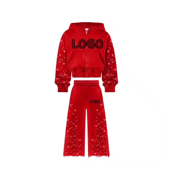 Custom hoodie and joggers with rhinestone embellishments