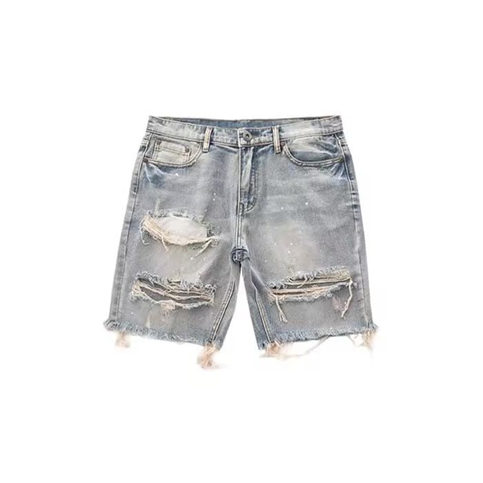 Custom ripped denim shorts with frayed hem & distressed details