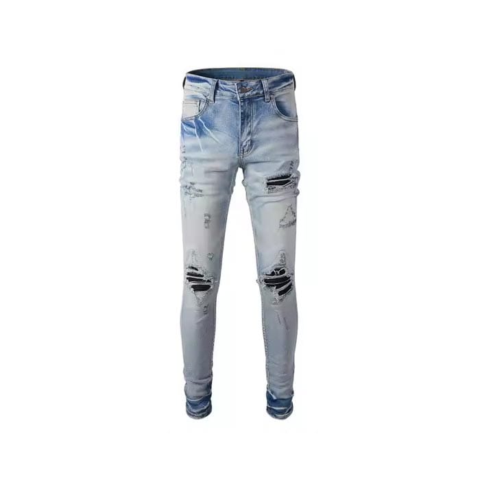 Custom ripped skinny jeans with distressed detailing, designed for modern fashion brands.