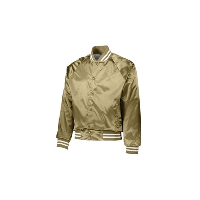 Gold satin bomber jacket with varsity-style striped collar, cuffs, and waistband