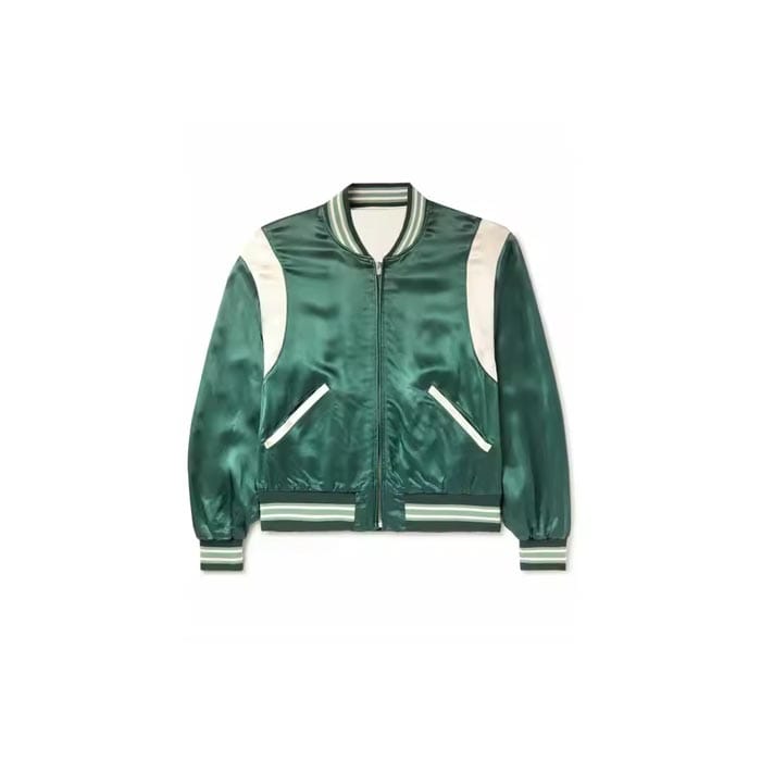 satin varsity bomber jacket with white panel details, striped ribbed cuffs, and a classic baseball-style fit