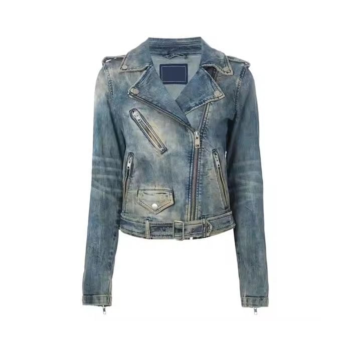 Custom vintage biker denim jacket with distressed details and zippers
