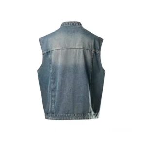 Custom light-washed denim vest with zipper pocket details and button-up front.