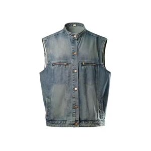 Custom light-washed denim vest with zipper pocket details and button-up front.