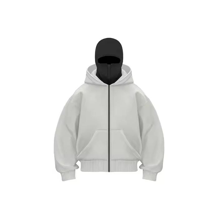 White full-zip hoodie with a built-in face cover and adjustable hood – Modern streetwear design for style and comfort.