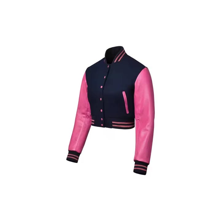 Custom women's cropped varsity jacket with ribbed cuffs and embroidered logo
