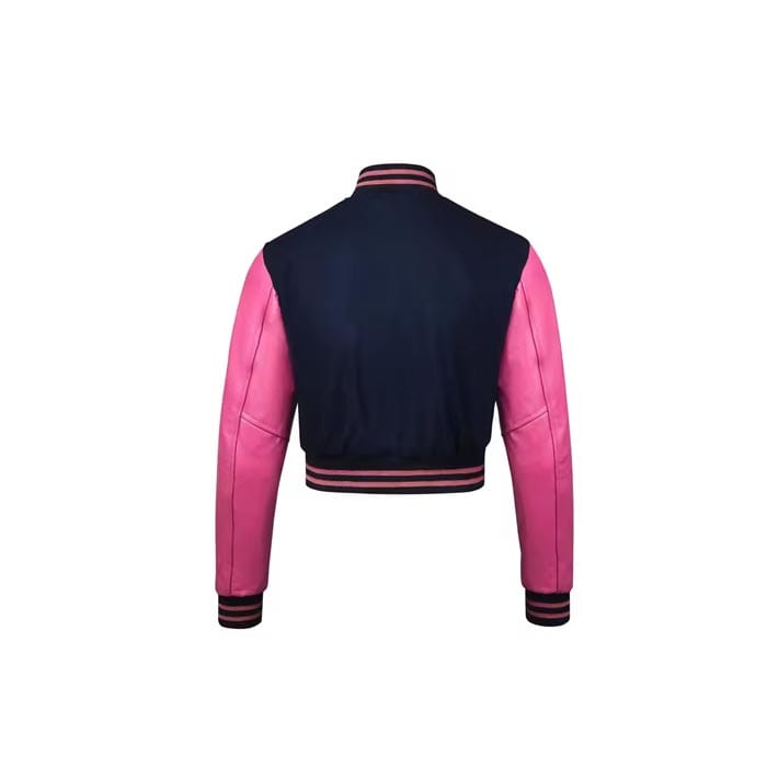 Custom women's cropped varsity jacket with ribbed cuffs and embroidered logo