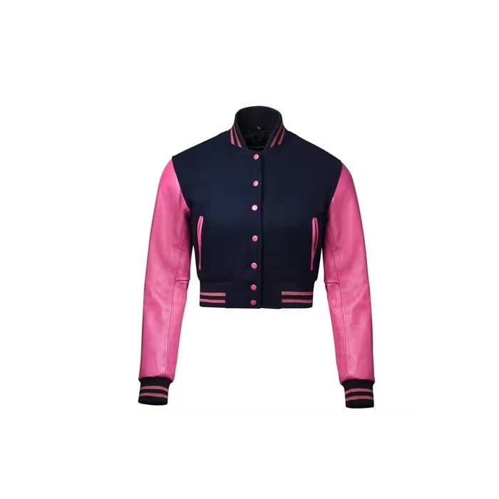 Custom women's cropped varsity jacket with ribbed cuffs and embroidered logo